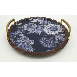 Plateau de service de forme ovale en bois d'acacia avec décalcomanie émail fini pour la maison et les hôtels plateau de service de nourriture fait à la main en vrac - Product Image 6