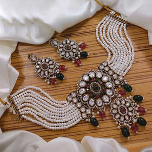 ชุดสร้อยโชคเกอร์แฟชั่นลายอาปาเช่โมติแบบโบราณสำหรับผู้หญิงสร้อยคอประดับลูกปัดมุกแบบดั้งเดิม - Product Image 1