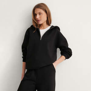 Femmes 100% coton quart fermeture éclair à capuche goutte épaule Streetwear surdimensionné femmes sweats à capuche 1/4 pull Logo personnalisé OEM vente en gros - Product Image 1