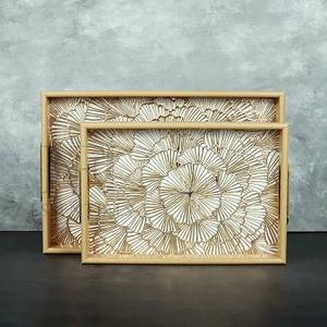 Best Quality Custom Walnut Wood Coffee Refreshment Wooden Serving Tray Set With Metal Handles with <b>Enamel</b> Printed Serving Tray - Product Image 4