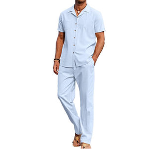 Conjunto de Pantalón y Camisa Formal de 2 Piezas para Hombre, Color Azul Claro, Transpirable, Estilo Playero, con Botones, Cierre de Botones - Product Image 2