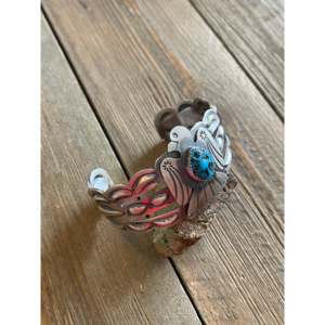 Tim Yazzie Kingman Turquoise & Sterling <b>Silver</b> Thunderbird <b>Cuff</b> <b>Bracelet</b> Fashionable Accessory - Product Image 3