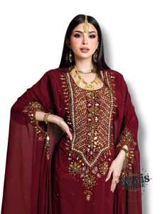 Robe Kaftan Abaya en Chiffon Brodée de Perles de Cristal Fait Main de Luxe 100% Polyester Silhouette en A Manches Longues Modeste - Product Image 5