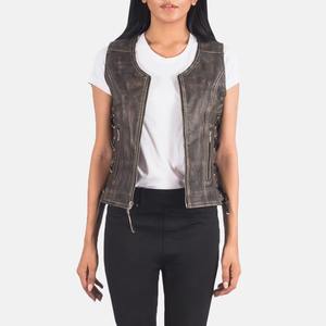 Gilet de motard en cuir véritable pour femme, style vintage personnalisé, avec boutons et dentelle, respirant et coupe-vent - Product Image 3