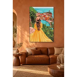 Fida Girl in Yellow Dress and Colorful Seaside Town Impression sur toile - Product Image 5