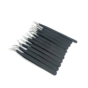 Pinzas de extensión de pestañas de acero inoxidable japonés de marca personalizada puntas negras mate y plateadas agarre liso - Product Image 4