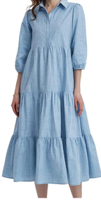 Robe longue bleue pour femmes une ligne col de chemise avec manches bouffantes de style coupe ample ourlet à plusieurs niveaux décontracté pour robe occidentale d'été - Product Image 2