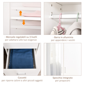 HOMCOM Modern <b>Wardrobe</b> 2 Doors with Mirror and 3 Drawers, Adjustable <b>Shelves</b> and Hanging Rail, 80x50x180cm, White - Product Image 5