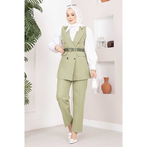 Conjunto de chaleco hijab estilo oficinista con detalle de cuello tipo pañuelo, verde oliva - Product Image 3