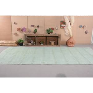 Tapis turc Vintage bleu minimaliste 5.6 X 13.3ft fait à la main laine Latex support Patchwork abstrait pour entrée couloir Rectangle - Product Image 1