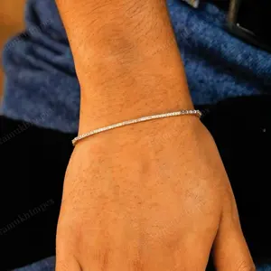 Baguette And Round Cut Moissanite Thin Bangle Bracelet Sterling Silver Diamond Bracelet Available In Stock Women Fashion Jewelry