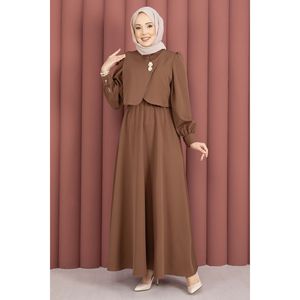 Ensemble robe boléro en crêpe marron café avec détail boutons dorés, élégant et stylé - Product Image 3