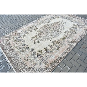 Turkish Vintage Rug, 5.4x9.1 ft Large Rug, <b>Brown</b> White Solid <b>Wool</b> Rug - Product Image 2