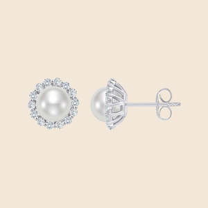 Boucles d'oreilles clous en diamant rond cultivé avec perle, diamants de laboratoire F-VS en or massif 14 carats, pour usage quotidien, cadeau pour femme - Product Image 2