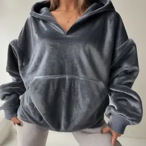 Nueva Sudadera con Capucha de Terciopelo, Manga Larga, Básica, Versátil, con Cuello en V - Product Image 1