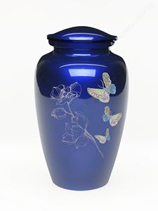 Urne funéraire en métal artisanale avec oiseaux en vol argentés et bleus, accents argentés gravés, taille niche 200 Cu In - Product Image 2