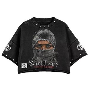 T-shirt court et ample personnalisé pour homme, style streetwear vintage avec strass, anti-boulochage, manches courtes, effet vieilli et audacieux - Product Image 5