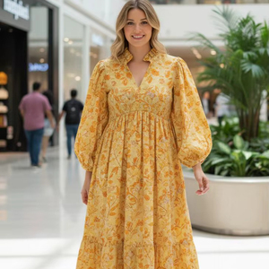 เดรสยาวสีเหลืองลายดอกไม้สไตล์โบฮีเมียนสำหรับผู้หญิง แขนพองยาว คอวี ผ้าฝ้ายเนื้อบางเบา - Product Image 1