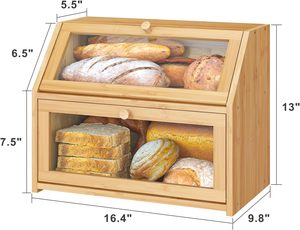 Boîte à pain en bois double couche personnalisée avec fenêtre transparente Bac de stockage des aliments de cuisine avec couvercle transparent et logo personnalisé - Product Image 2