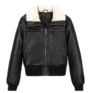 Bombardero de motocicleta de alta calidad para mujer, chaqueta de piel de oveja PU, recortada personalizada, cierre de cremallera impermeable, precio al por mayor, Invierno - Product Image 1