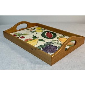 Lot de 2 plateaux de service en bois de haute qualité de designer au look attrayant avec intérieur enduit de poudre de couleur blanche d'Inde - Product Image 2