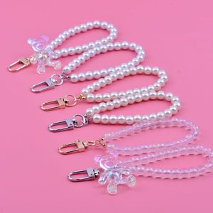 CALIENTE Perla Muñequera Llavero Correas de muñeca con oso Blanco Perla transparente Cuentas Llaveros Teléfono Bolsa Encanto Colgante Llavero Regalo - Product Image 2
