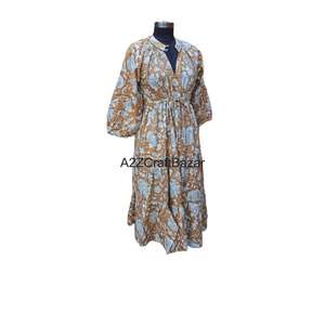 Vestido MIDI indio hecho a mano 100% algodón A-Line silueta ecológico para mujer nuevo diseño estampado Floral cuello en V manga 3/4 noche - Product Image 5