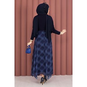 Falda Midi Asimétrica de Gasa Azul Marino a Cuadros, Suave y Transpirable, con Cintura Natural, Estampado Digital, Estilo Recto de Algodón Tejido - Product Image 4