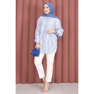 Chemise décontractée en popeline rayée bleu ciel boutonnée pleine longueur pour le printemps/été – Élément de mode simple - Product Image 3
