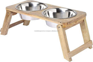 อุปกรณ์รับประทานอาหารสองชั้นสำหรับสัตว์เลี้ยงแบบยกสูงแบบเรียบง่ายพร้อมชามสเตนเลสที่ป้อนอาหารสุนัขด้วยไม้พร้อมขาพับสำหรับให้อาหารสัตว์เลี้ยง - Product Image 3