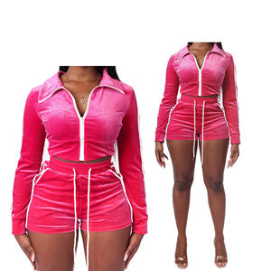 Summer wear 2024 Logo personnalisé Vente en gros Crop Velour Two Piece Tracksuit Zip Up hoodie Shorts Sets velvet Womens Breathable - Product Image 4
