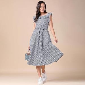 ชุดเดรสผ้าฝ้ายแบบลำลองสำหรับฤดูร้อนทำด้วยมือดีไซน์แบบถักทอพร้อมความยาวระดับเข่ายาวระดับเอวตามธรรมชาติจากอินเดีย - Product Image 6