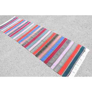 Alfombra Turca de 2.6x9.2 pies, Alfombra Vintage, Alfombra de Lana a Cuadros Roja y Azul - Product Image 4