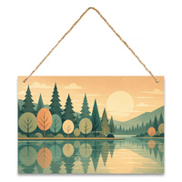 Décoration Murale en Bois Paysage Forêt Lac 30x20cm, Panneau MDF avec Corde de Jute, Pin et Coucher de Soleil, Style Rétro Nature, pour Décoration Maison Salon