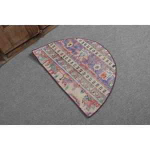 Alfombra Turca Vintage, Redonda de 2.5x1.5 pies, Alfombra con Diseño a Cuadros Azules - Product Image 1