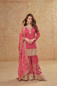 Diseñador Tisha Cosmos Seda Salwar Kameez Palazzo Traje Elegante Bordado Secuencia Trabajo Completo Cosido para Fiestas Hecho Algodón - Product Image 2