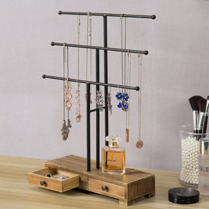 Porte-bijoux en métal de vente chaude Design élégant avec base en bois et support en bois à 3 niveaux attaché à deux tiroirs Design personnalisé - Product Image 1