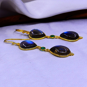 Party Wear Sterling Silver 925 Gold Plated Labradorite <b>Emerald</b> Gemstones Latest Ladies Wear <b>Drop</b> <b>Earrings</b> - Product Image 4