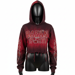 Haut à capuche pour femme en coton mélangé de qualité supérieure 300 GSM, tissu dégradé rouge et noir avec logo en strass, manches flamme, ourlet brut, personnalisable - Product Image 1