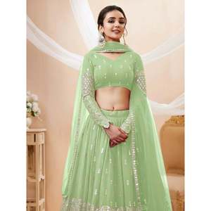 Lehenga Choli de Georgette con Lentejuelas Verdes Pista, Impresionante Vestido de Recepción Largo Hasta el Suelo, Estilo Vestido de Baile con Capas de Perlas, Talla XS - Product Image 4