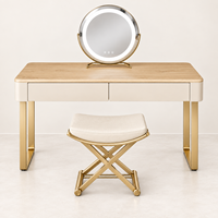 Ensemble de coiffeuse de luxe en bois clair avec miroir LED rond, 2 tiroirs, tabouret rembourré, taille et couleur personnalisables, garantie de 2 ans