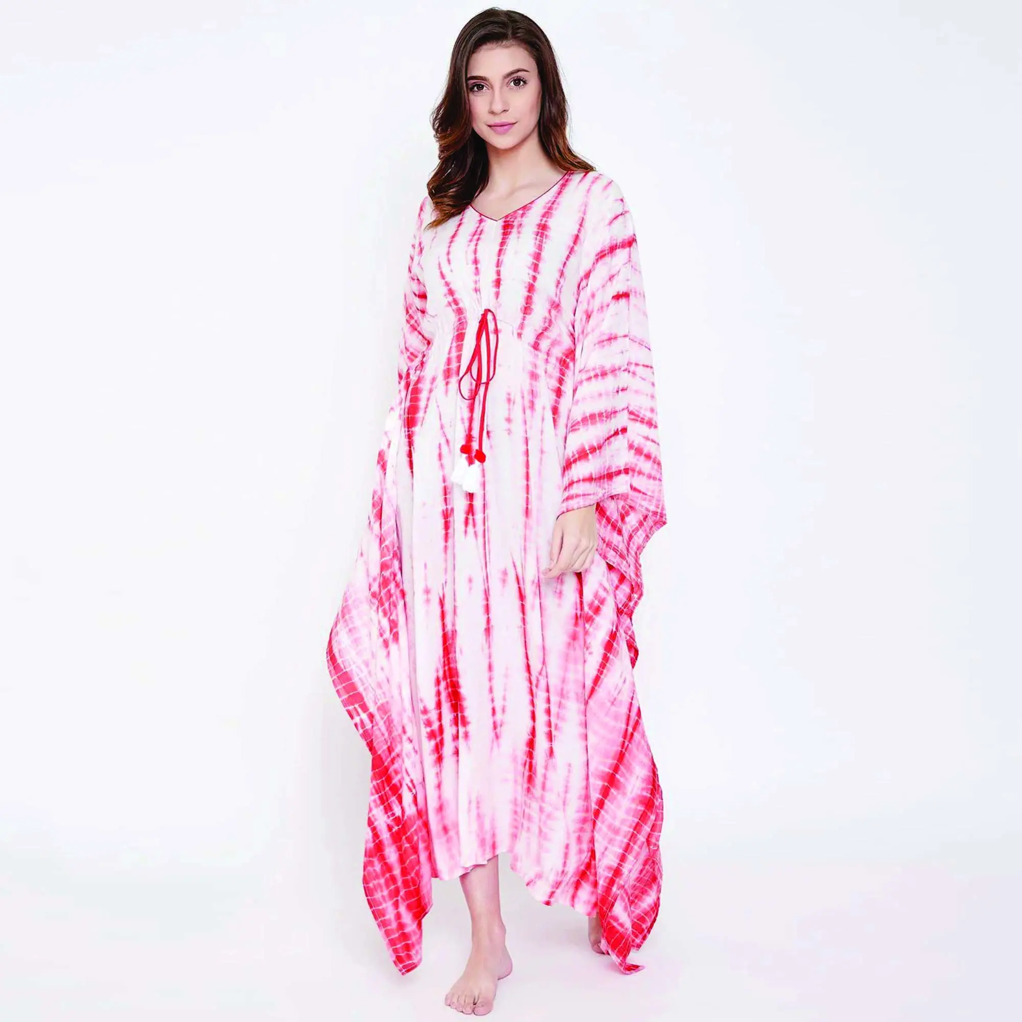 Custom Manufacture Slim Fit 100% Modal Round Neck Short Extended Sleeves Candy Red Shibori Tie-Dye Kaftan