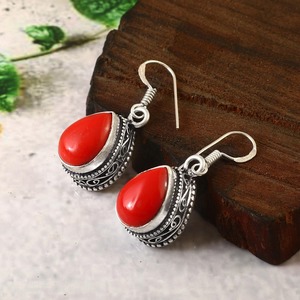 Pendiente colgante de gota para mujer Chapado en plata de ley 925 sólida Baho Vintage facetado de pera con piedras preciosas de Coral Natural de alta calidad - Product Image 3