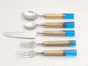 Couverts en acier inoxydable au design moderne, ensemble de couverts, couleur personnalisée, manche en bois et résine, vaisselle décorative de table, 5 pièces, ensemble de couverts - Product Image 5