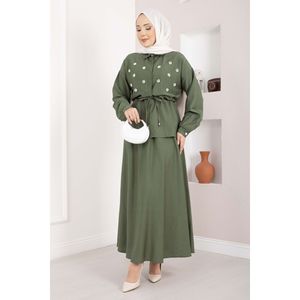 Conjunto Casual de 2 Piezas en Crepé Caqui con Falda con Cintura Adornada con Piedras y Top Corto para Primavera/Verano/Invierno - Product Image 4