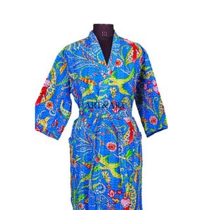 Luxury Elegant Kantha <b>Kimono</b> Bathrobe for Women Full-Length Floral Design Handwork Premium Quality Sleepwear - Product Image 3
