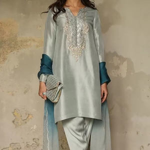 2024 New Year Wedding Party Wear Beautiful Sky Blue Kurta & Stylish Dhoti Pant with Lace Button DabkaPearl Stone Embellishment - Product Image 1