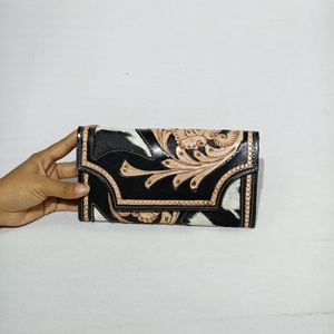 Manufacturer Factory Supply Wholesale Hand Tooled Genuine Leather <b>Wristlet</b> Clutches Floral Card & Cash Holder Wallet for Women - Product Image 1