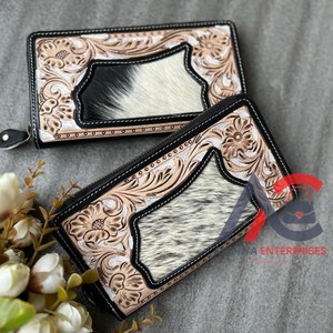 Cartera de mano de cuero para mujer, Cartera de cuero occidental con tallado a mano, Cartera de cuero para mujer, Cartera de pelo para ocultar - Product Image 1