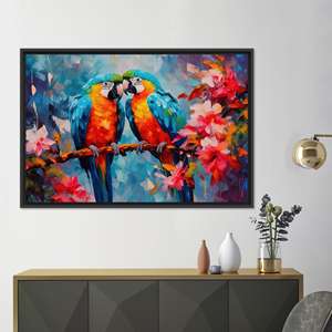 Art mural sur toile avec oiseaux tropicaux : design imprimé, œuvre d'art vibrante, toile encadrée noire - Product Image 1